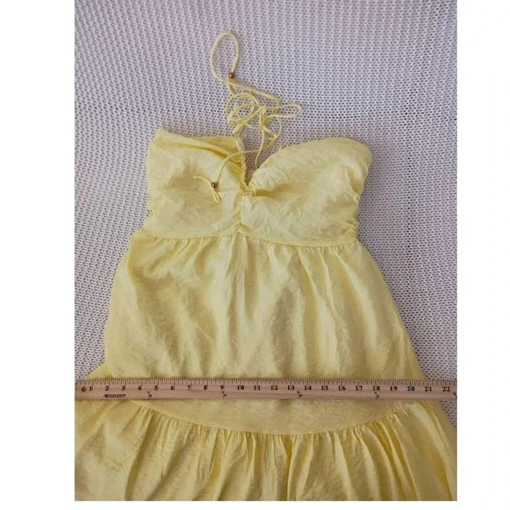 Cottagecore Boho Yellow Textured 100% Cotton Tiered‎ Maxi Halter Dress S NWOT